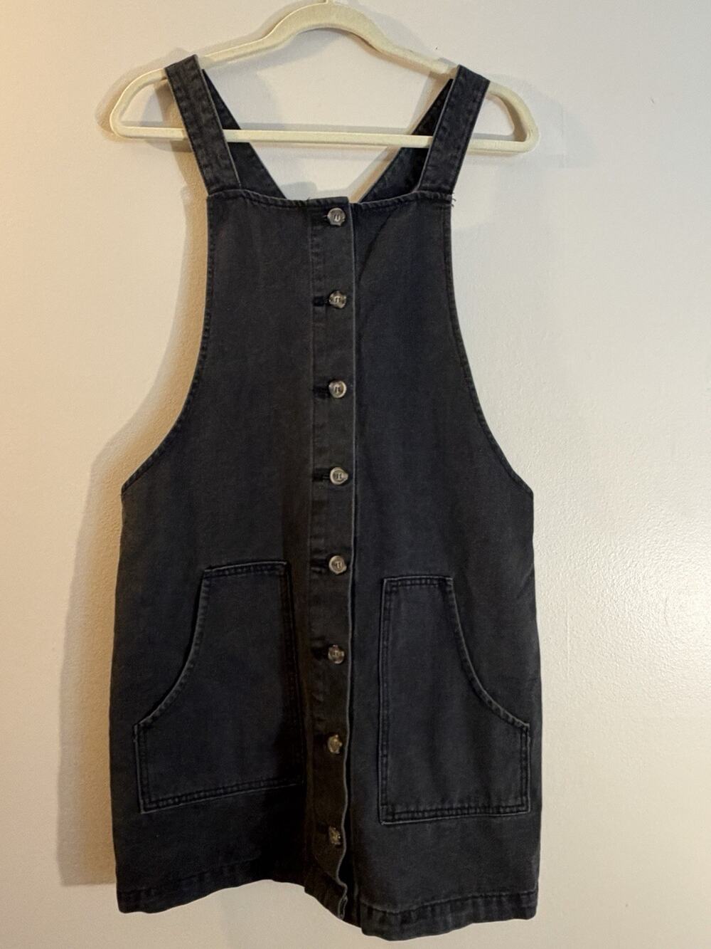 Newbury Kustom Denim Pinafore Dress Womens Large Black Button Front Pockets
